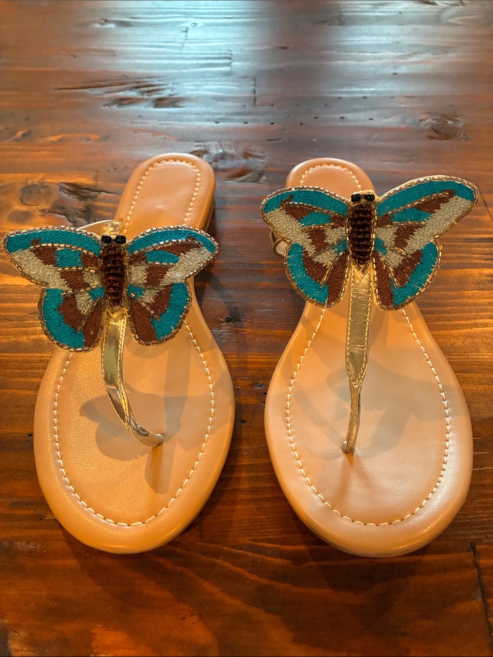 Embellished Butterfly Teal and Gold Women's Thong Sandals